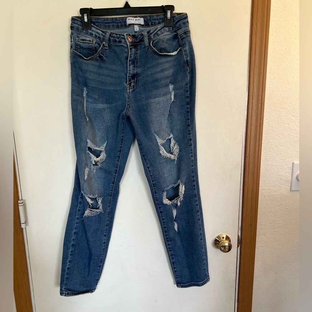 Wax jeans, 11/30. Nice and stretchy, cute, manufactured, distressing.